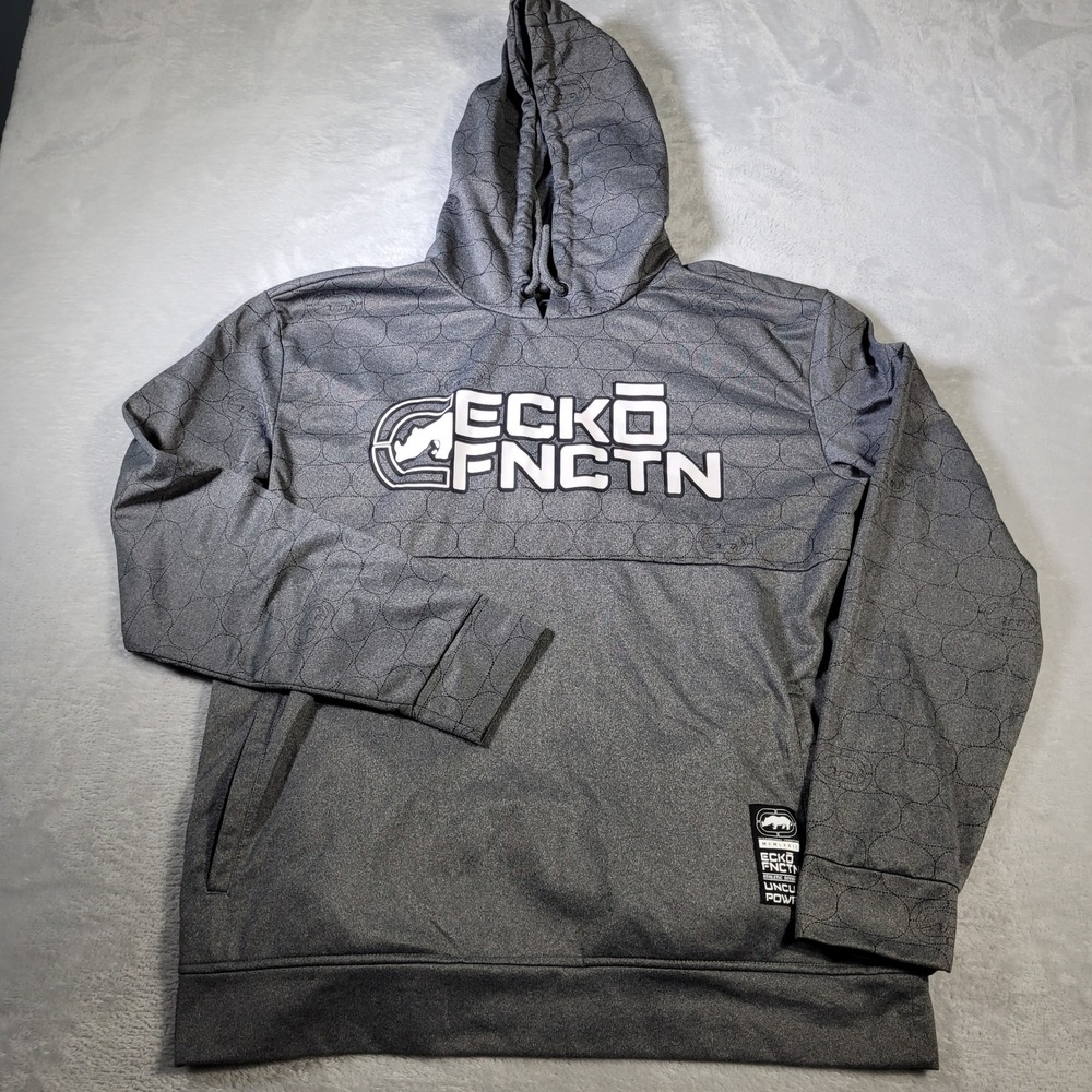 Ecko Function Hoodie Mens Large Grey Pullover Geometric Pattern Logo Sweatshirt